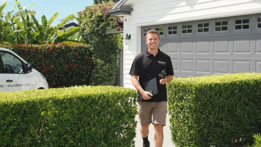 Professional mould removal technician treating mould growth inside an Australian home