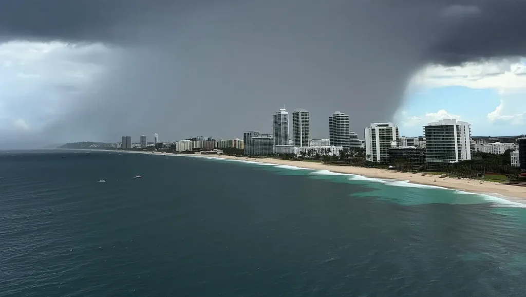 Gold Coast coastline under La Niña storm conditions with heavy rain and high humidity increasing mould risk in coastal homes